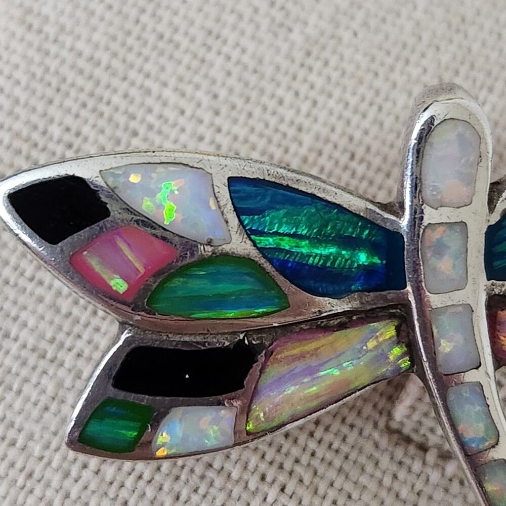 Vintage Sterling Silver Colorful DRAGONFLY Pendant Brooch with 18" Chain - Picture 4 of 10